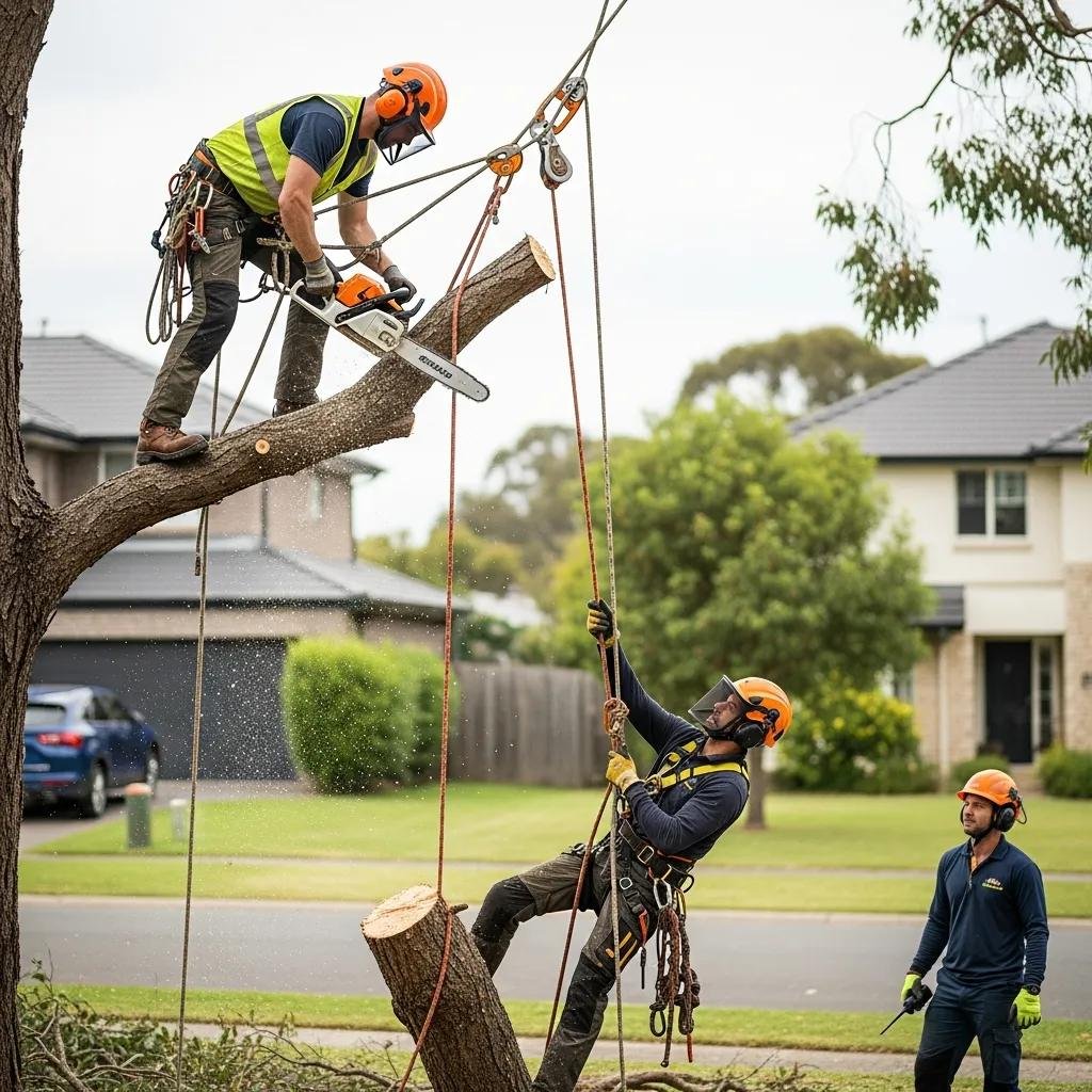 Certified arborists using safe techniques for tree removal in a residential area
