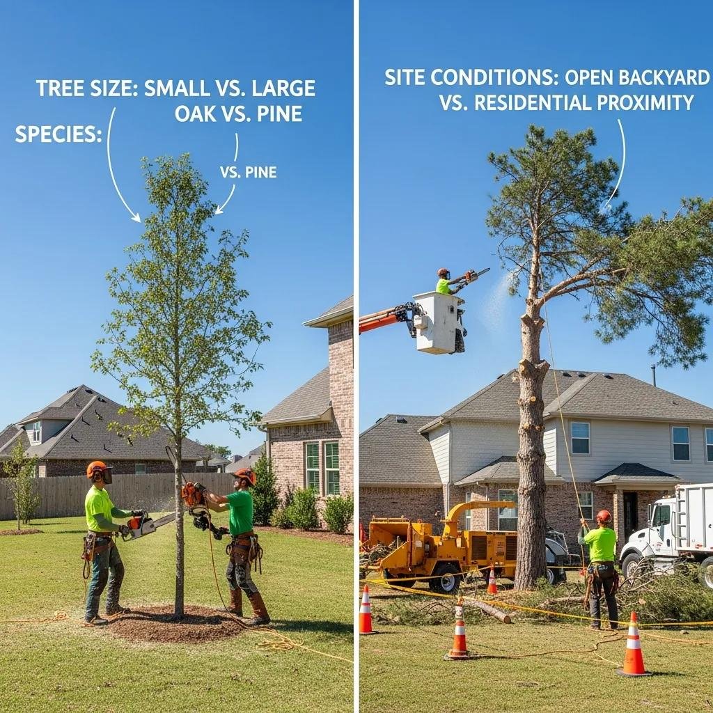 Comparison of small and large trees illustrating factors affecting tree removal costs