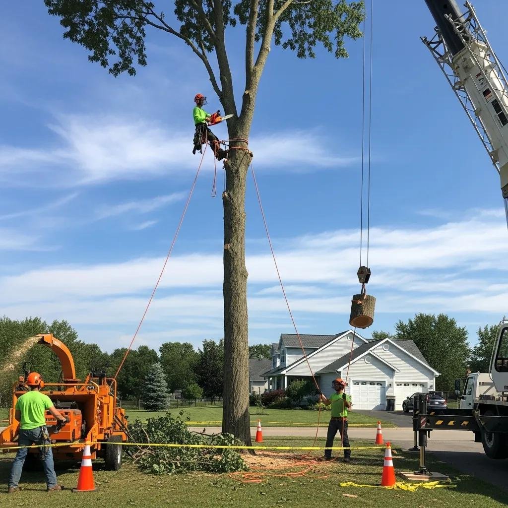 Professional tree removal crew using equipment to safely remove a large tree from a residential property