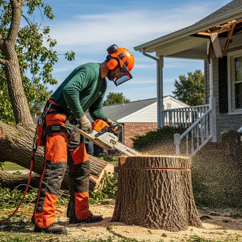 Arborist removing a fallen tree near a house, showcasing emergency tree service in action