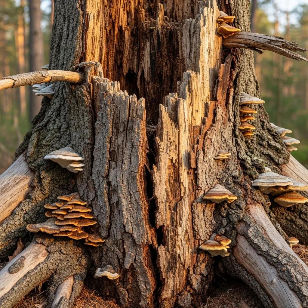 Close-up of a hazardous tree with cracks and decay signs, illustrating urgent tree assessment