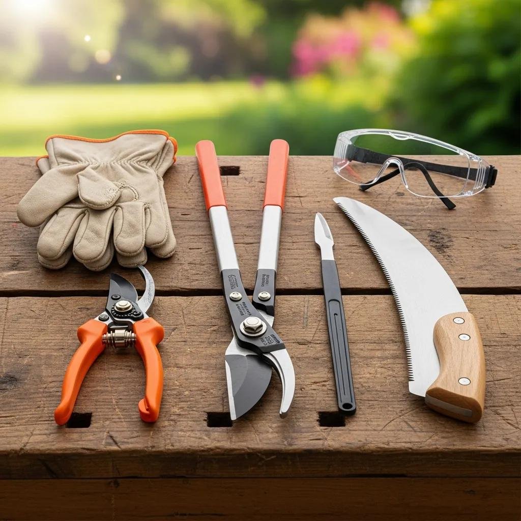 Collection of tree pruning tools and safety equipment on a workbench