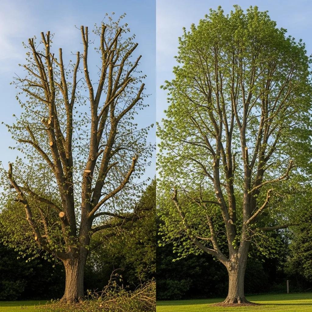 Comparison of improper and proper tree pruning techniques, highlighting common mistakes