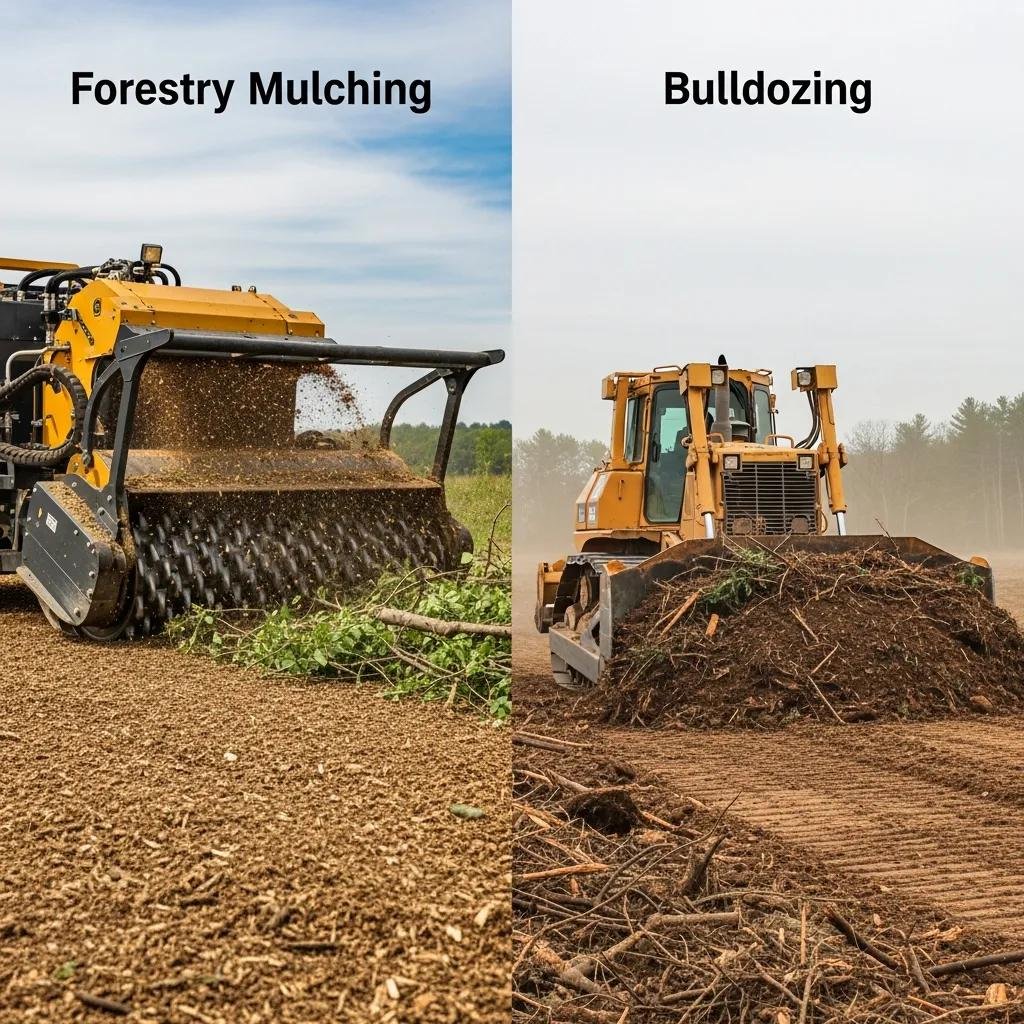 Comparison of land clearing methods: forestry mulching and bulldozing in action