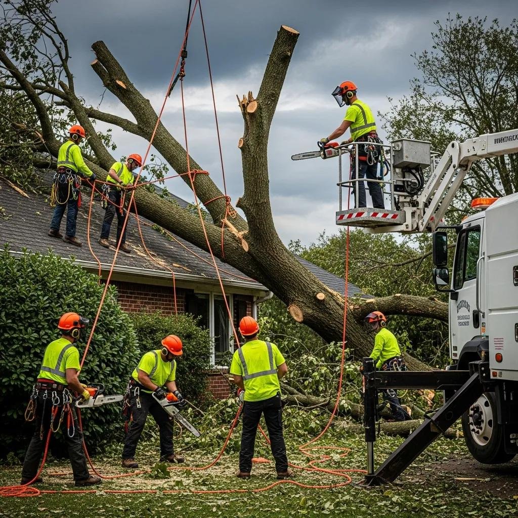 Emergency tree service crew removing a fallen tree from a house after a storm