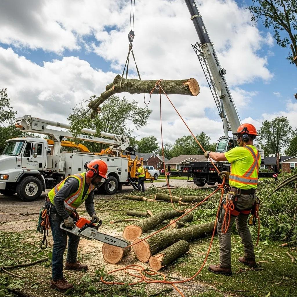 Emergency tree service equipment in action, showcasing crane and arborists during tree removal