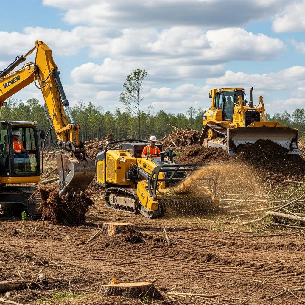 Essential land clearing equipment including excavator, mulcher, and bulldozer on a construction site