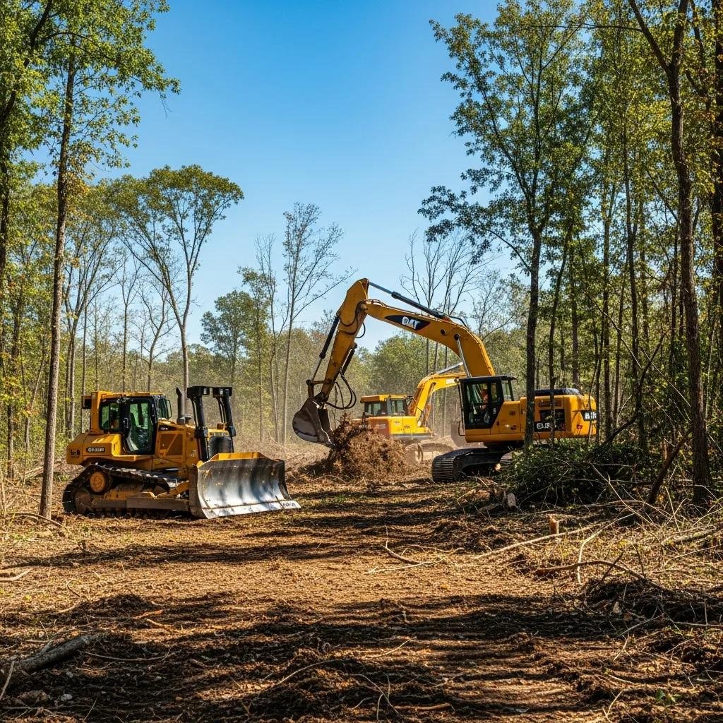 Land clearing operation with heavy machinery removing trees and preparing land for development
