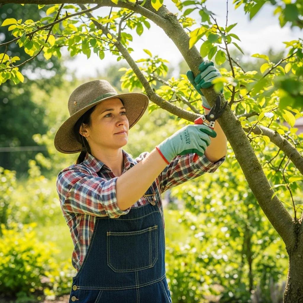 Person pruning a tree in a sunny garden, showcasing tree trimming techniques