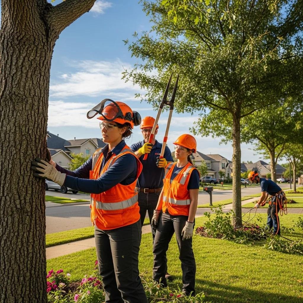Professional tree service team inspecting a healthy tree in a residential neighborhood