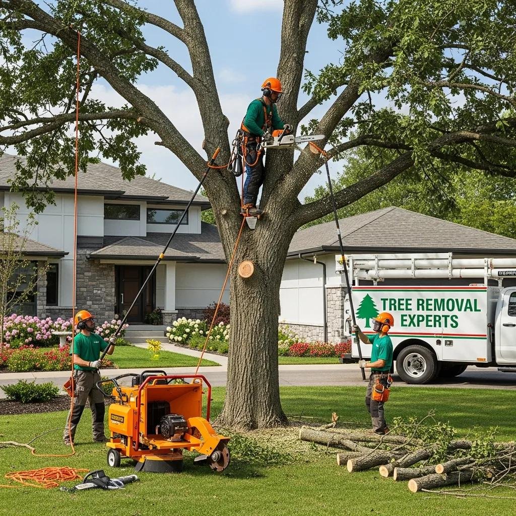 Tree service crew performing tree trimming on a large tree in a residential yard